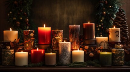 A collection of festive holiday candles in various sizes and shapes, casting a warm and inviting glow in a dimly lit room.