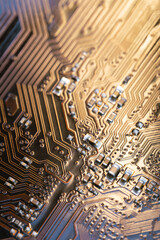 Macro closeup of a computer PCB motherboard backside. Tech science background. Electronic computer hardware technology. - obrazy, fototapety, plakaty