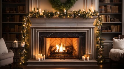 A cozy living room with a soft, glowing fire, adorned with a rustic wooden mantel showcasing holiday greenery and candles.