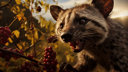 Photo of a wild civet cat finding coffee berries