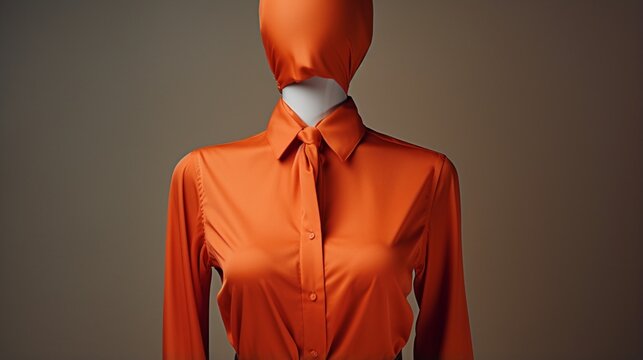 A tangerine orange shirt beautifully showcased on a mannequin against a spotless white backdrop.