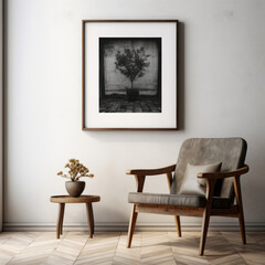 Picture Frame Mockup with Chair, Table, and Light Wall with Neutral Decor