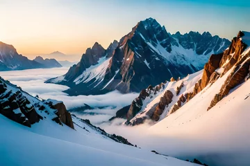 Deurstickers **A majestic view of snow-covered mountain peaks rising above the clouds. The stark contrast between the white snow, blue sky, and rugged terrain creates a striking backdrop. © Malik