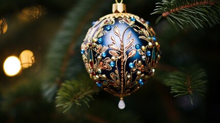 A detailed shot of a Christmas tree ornament covered in intricate floral patterns and shimmering beads.