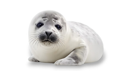  front view. A cute young harp seal with gray fur coat looking at the camera. isolated on transparent background.