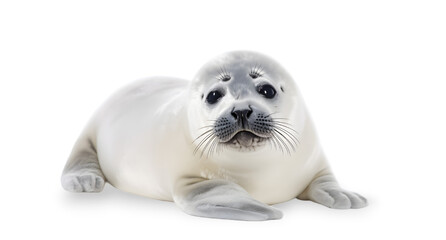  front view. A adorable young harp seal with a light gray fur coat looking at the camera. isolated on transparent background.