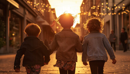 街の中を夕日に向かって走る三人の子供 - obrazy, fototapety, plakaty