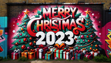 An image of a brick wall spray-painted with graffiti art, text "Merry Christmas 2023" - Generative AI
