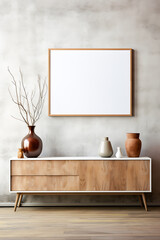 wooden cabinet, a dressing table and a concrete wall with a blank poster frame. With photocopy area Scandinavian style interior design of modern living room
