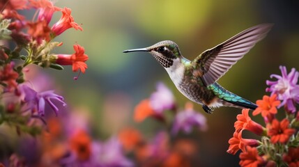 Naklejka premium A close-up of a hummingbird in mid-flight, hovering near a vibrant array of wildflowers.