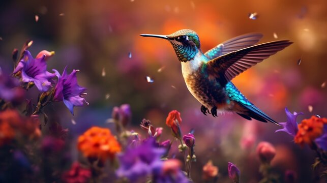 A close-up of a hummingbird in mid-flight, hovering near a vibrant array of wildflowers. © Qayyum