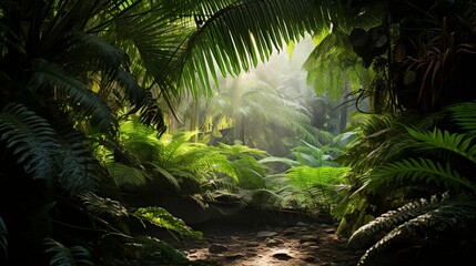 A lush fern grotto with sunlight filtering through the fronds.