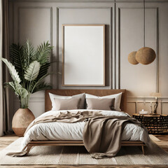 Mockup frame in bedroom interior background, d render