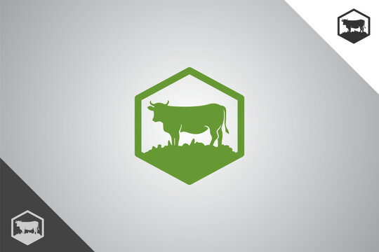 Cow farm field logo. Minimal and modern logotype. Perfect logo for business related to agriculture industry, wheat farm, farm field, natural harvest, breeder. Isolated background. Vector eps 10.
