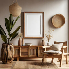Mockup frame in interior background, room with natural wooden furniture