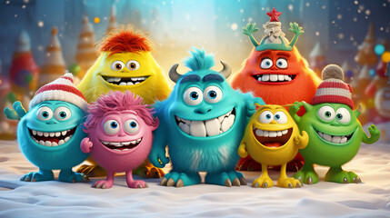 Obraz premium COLORFUL CHRISTMAS CARD WITH LAUGHING HAPPY CARTOON MONSTERS, HORIZONTAL IMAGE. image created by legal AI 