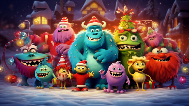COLORFUL CHRISTMAS CARD WITH LAUGHING HAPPY CARTOON MONSTERS, HORIZONTAL IMAGE. image created by legal AI
