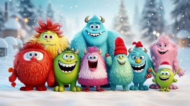 COLORFUL CHRISTMAS CARD WITH LAUGHING HAPPY CARTOON MONSTERS, HORIZONTAL IMAGE. image created by legal AI
