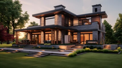 Obraz premium Contemporary Home Exterior with Colorful Sunset