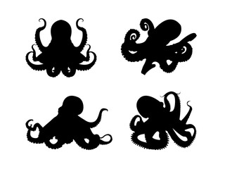 Set of Black Octopus Silhouettes