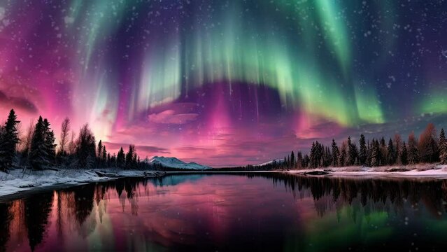 A mesmerizing aurora sweeps the cosmic, its glowing strands gracing a serene winter lakescape with drifting snow