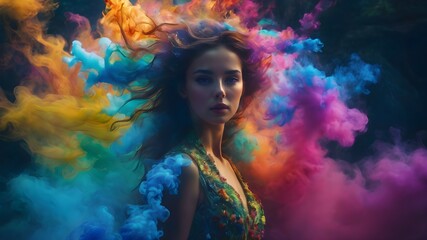 woman posing underwater with colorful smoke explosion effect and water bubbles