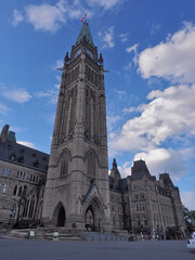 Captured from a distance, the panoramic view of Centre Block of the Canadian Parliament Building reveals its grandeur, set against a vast backdrop of azure skies and billowing white clouds.