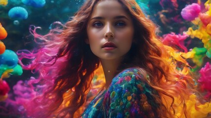 Fototapeta premium woman posing underwater with colorful smoke explosion effect and water bubbles