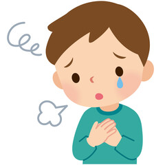 ため息をつき不安そうな男の子　涙