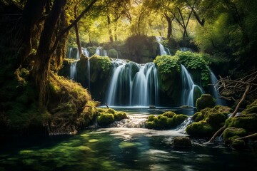 A picturesque waterfall in the dense Croatian forest. Generative AI