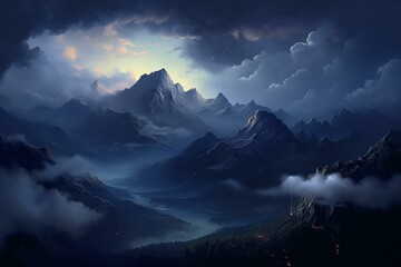 Nighttime cloudscape in the mountains with lights and peaks. Generative AI