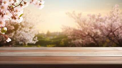 Naklejka na ściany i meble Empty wooden table with flower background. Spring season.Can be used to display or mount your products.
