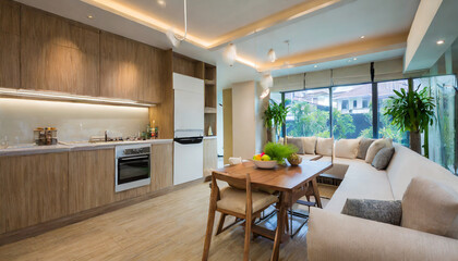 Modern living room with kitchen