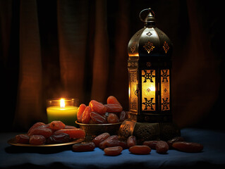 Fototapeta na wymiar Glowing arabic lantern with dates on a table. Ramadan kareem concept.