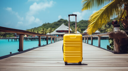 Modern bright yellow suitcase at the jetty of tropical beach.