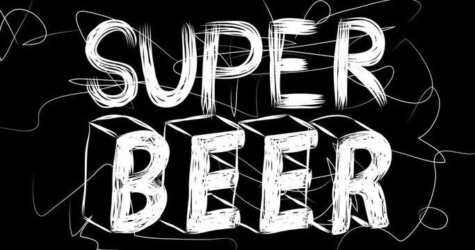 Super Beer word animation of old chaotic film strip with grunge effect. Busy destroyed TV, video surface, vintage screen white scratches, cuts, dust and smudges.