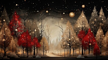 AI-generated landscape illustration of a charming winter night scene in an enchanted forest. MidJourney.