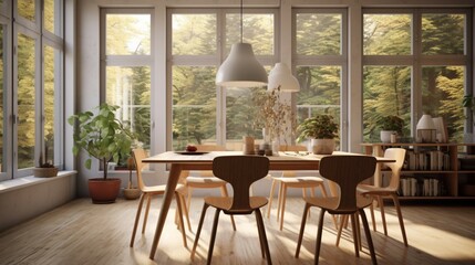 Wooden setted dining table and chairs in scandinavian generative ai