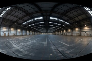 Full panoramic 360° HDRI in an empty room resembling a warehouse or hangar for VR/AR environment. Generative AI - obrazy, fototapety, plakaty