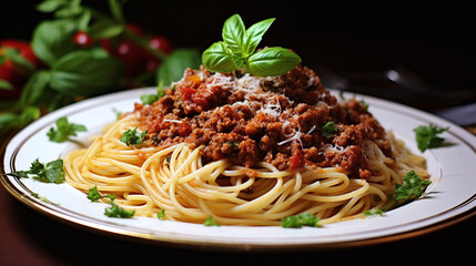 Spaghetti with meat sauce on a plate.