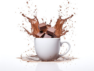 Splash hot chocolate when pieces of chocolate drop into the cup. White background.