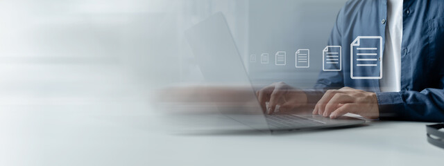 Individuals with document holograms in information system, archiving important documents in online databases to be accessed at any time, document database management. Storing document files on iCloud.