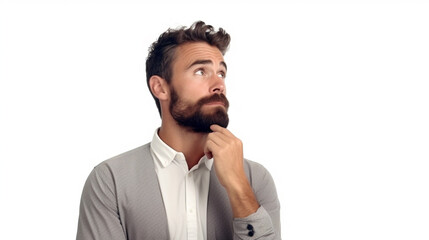 A Man Thinking Looking to the Side Agaisnt a White Background