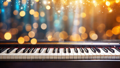 Music bokeh blurred background with piano keyboard with copy space