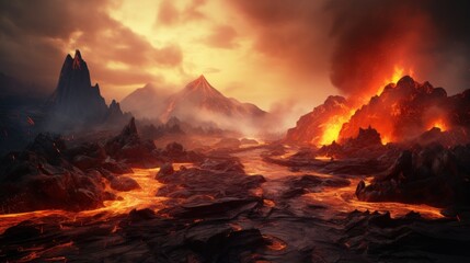 Flowing hot lava on the ground volcano wilderness landscape. - obrazy, fototapety, plakaty