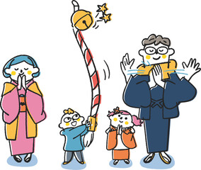 お正月にお賽銭箱の前で手を合わせお参りする家族連れ　イラスト素材	
