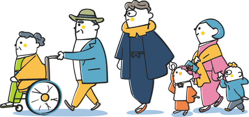 着物姿や正装で初詣に参拝する3世代の家族　妻が乗った車いすを押すおじいさんを含む　イラスト素材
