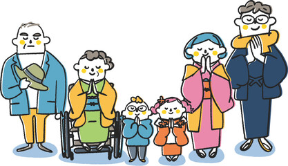 参拝する車いすの女性と男性の夫婦を含む3世代家族　イラスト素材	
