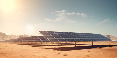 Solar photovoltaic panels installed in desert, renewable energy and clean energy concept.
