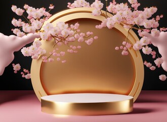 japanese style background. 3d podium white cherry blossom background for product presentation. AI Generated.